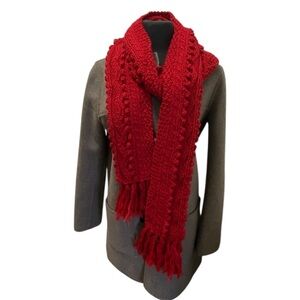 Deep Red Hand Knitted Wool Acrylic Double Wrap Winter Scarf - Like New